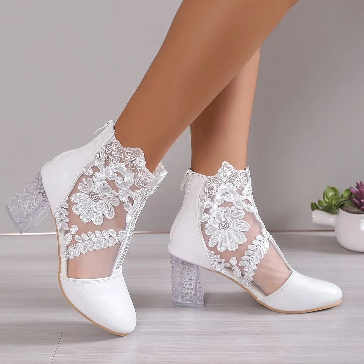 VougeVamp Elegant Floral Lace Ankle Booties – Transparent Block Heel & Zip Closure
