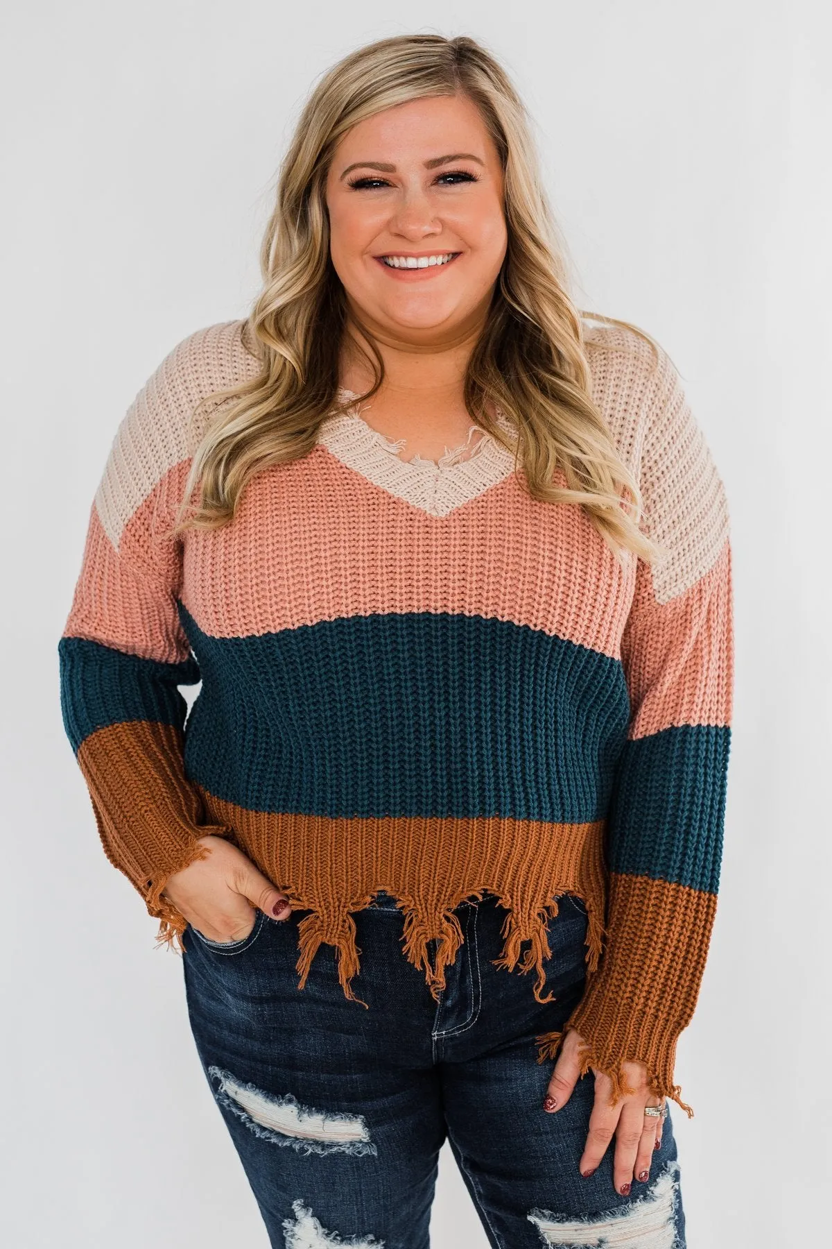 Warm & Cozy Distressed Color Block Sweater- Dark Teal Tones