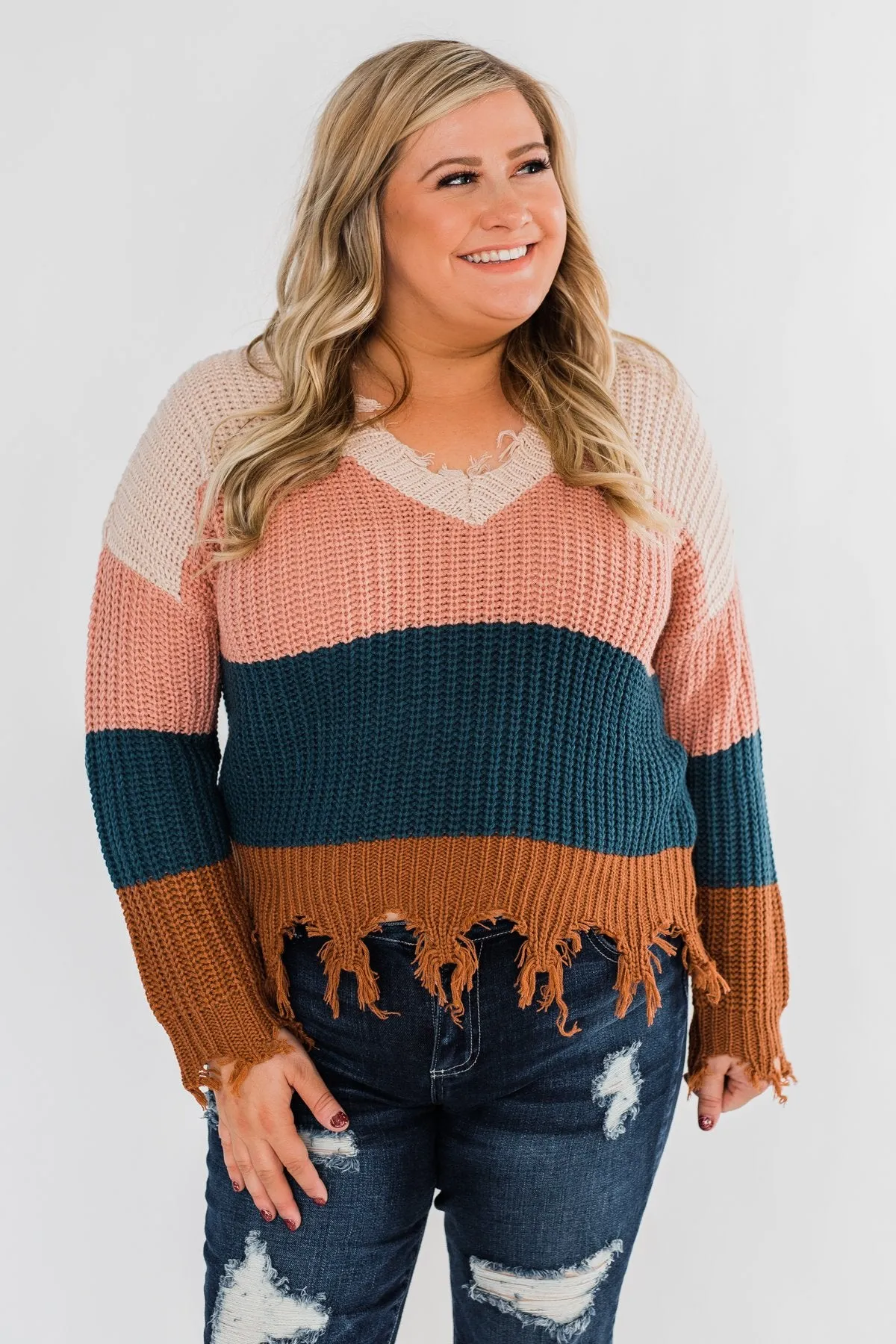 Warm & Cozy Distressed Color Block Sweater- Dark Teal Tones