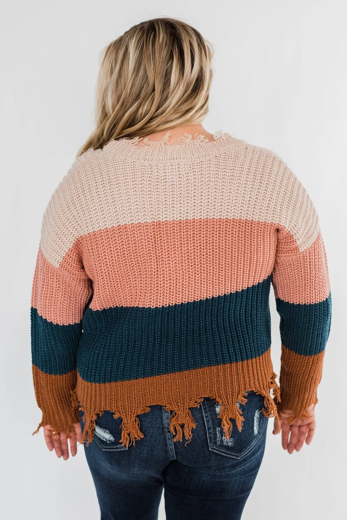 Warm & Cozy Distressed Color Block Sweater- Dark Teal Tones