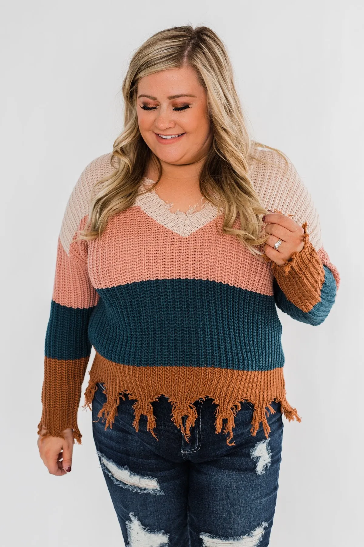 Warm & Cozy Distressed Color Block Sweater- Dark Teal Tones