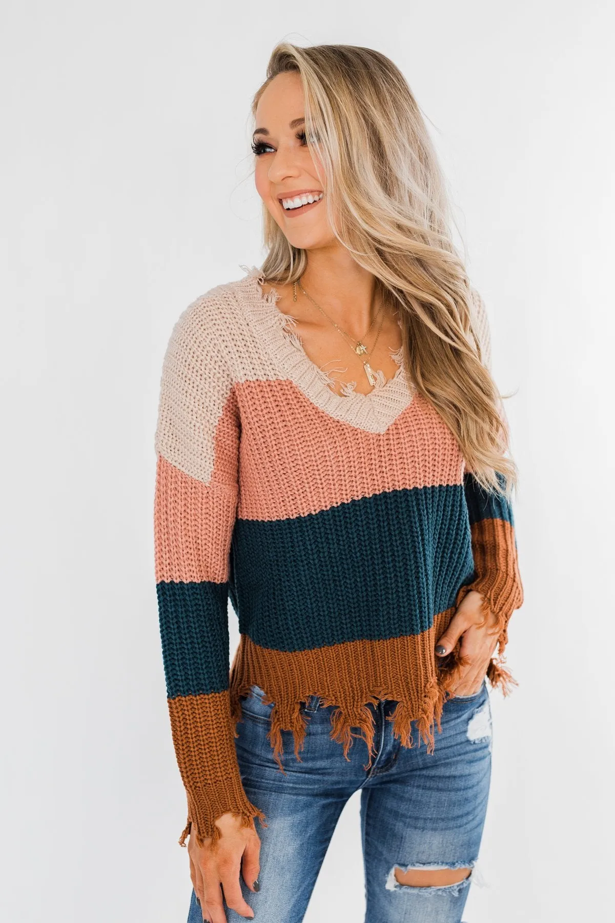 Warm & Cozy Distressed Color Block Sweater- Dark Teal Tones