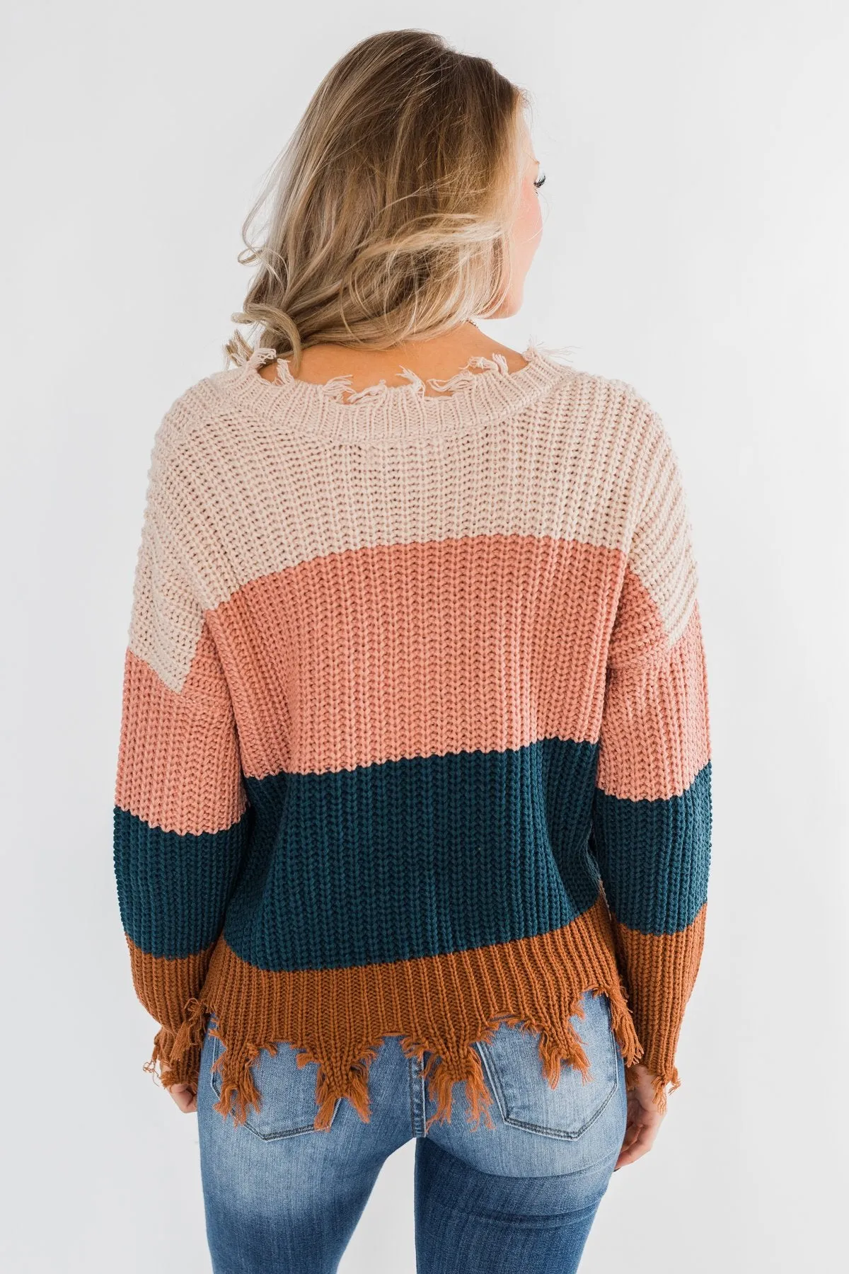 Warm & Cozy Distressed Color Block Sweater- Dark Teal Tones