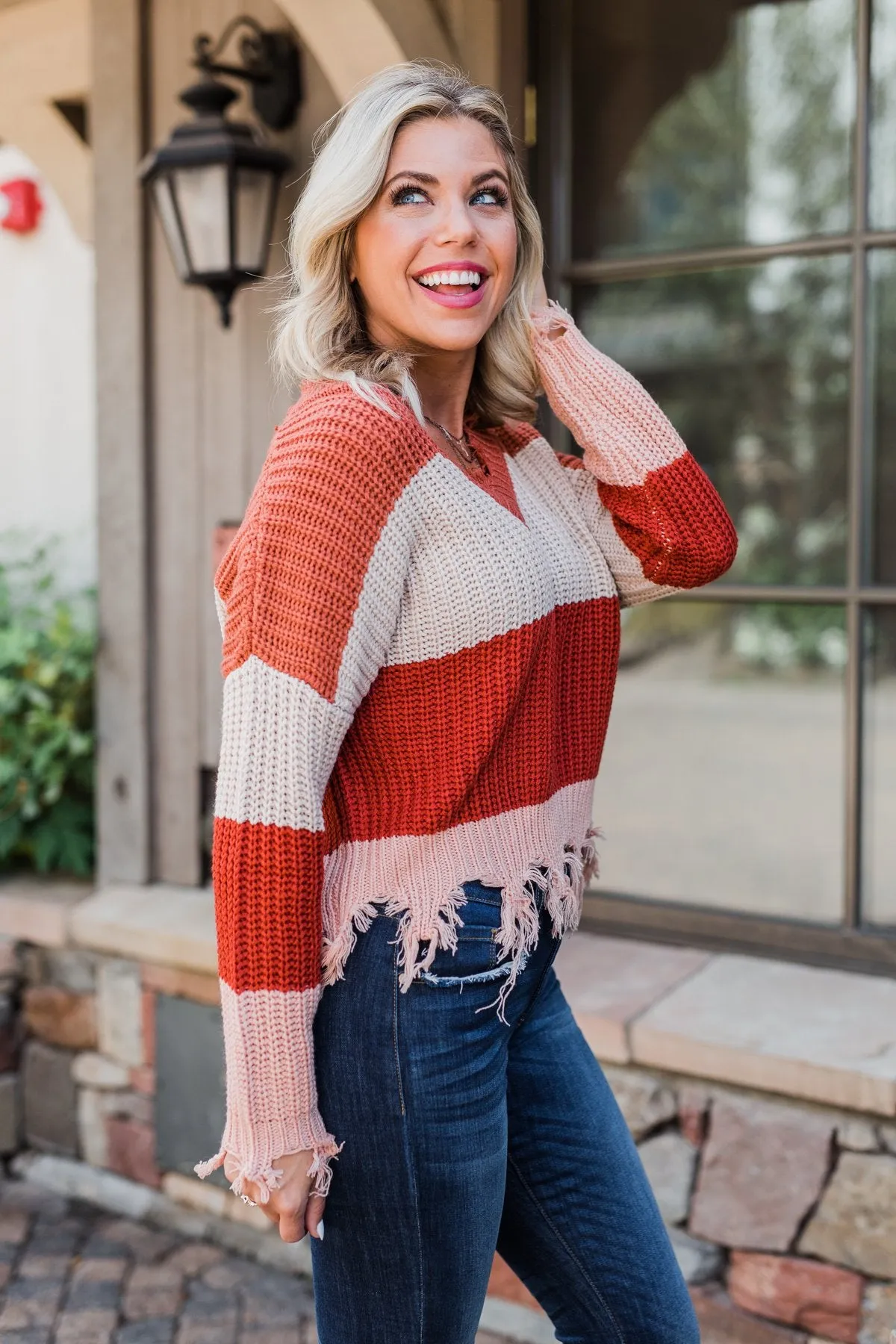 Warm & Cozy Distressed Color Block Sweater- Rust Tones