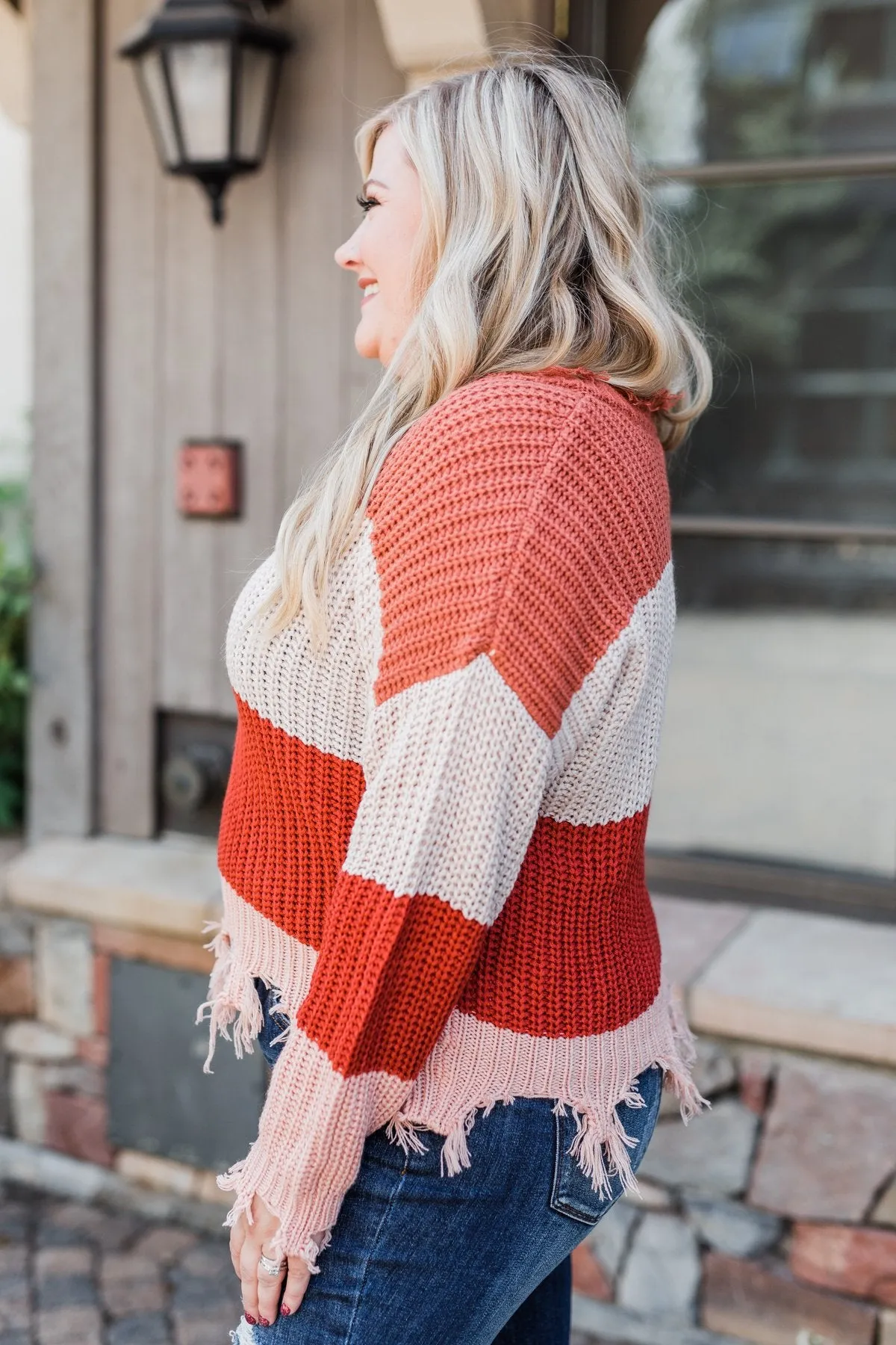 Warm & Cozy Distressed Color Block Sweater- Rust Tones