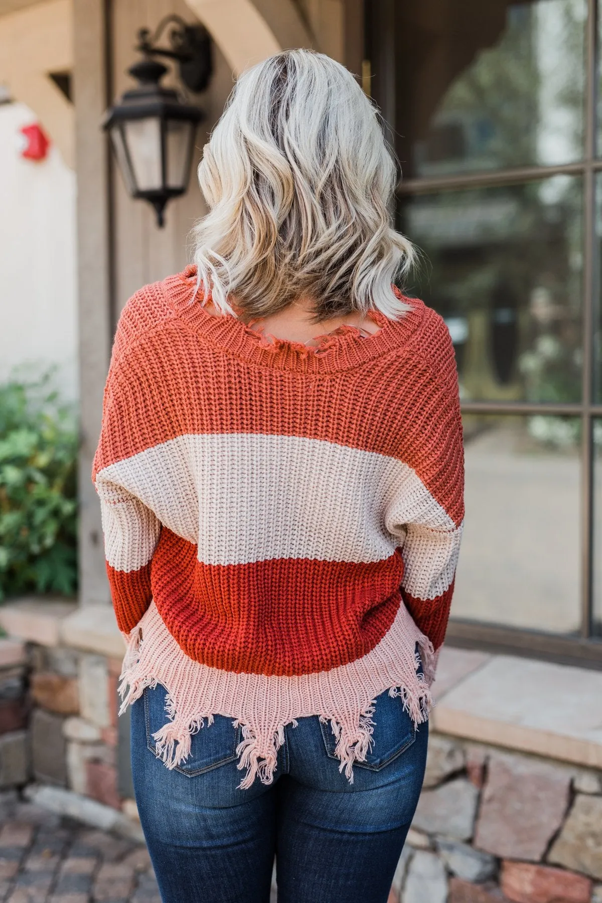 Warm & Cozy Distressed Color Block Sweater- Rust Tones