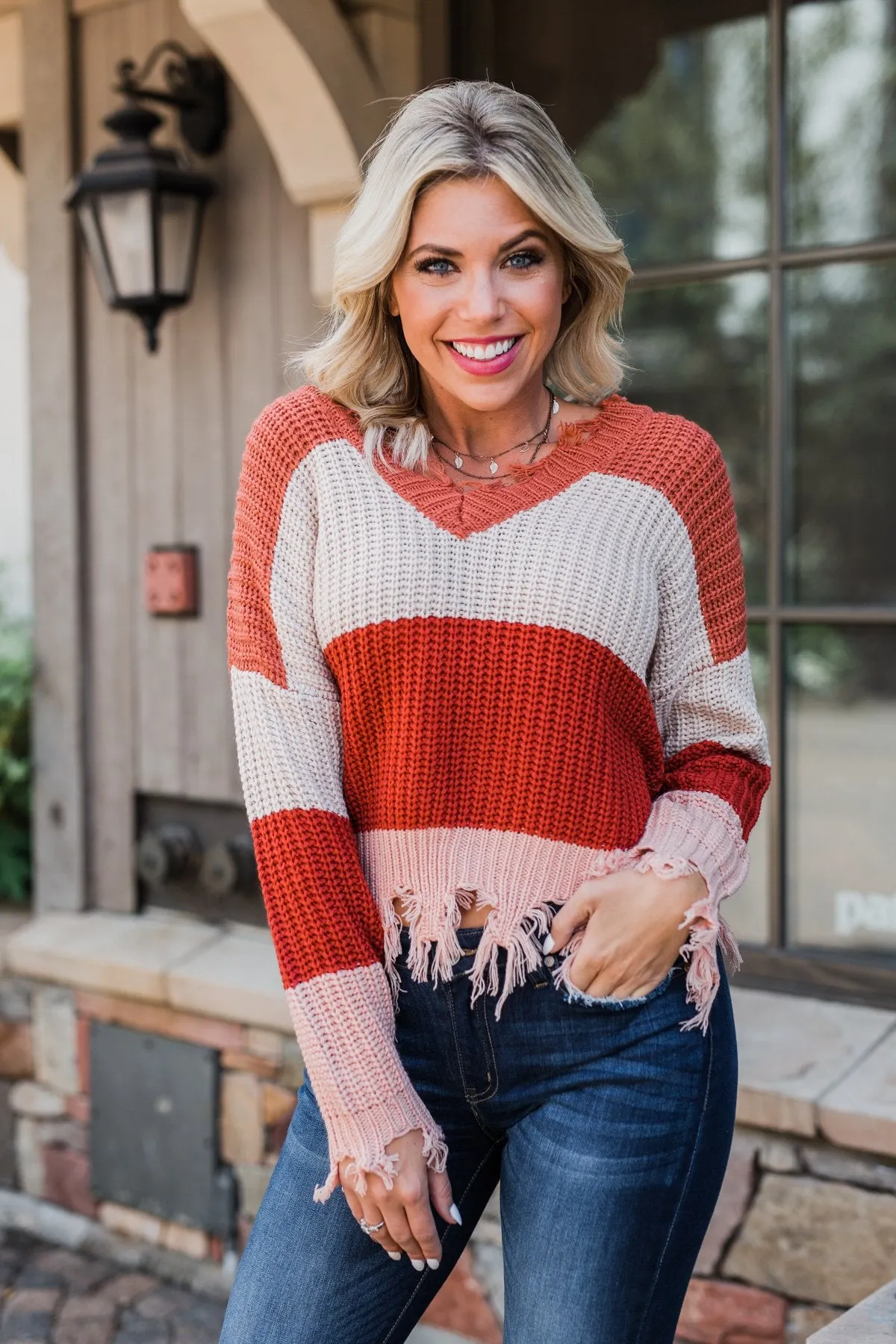 Warm & Cozy Distressed Color Block Sweater- Rust Tones