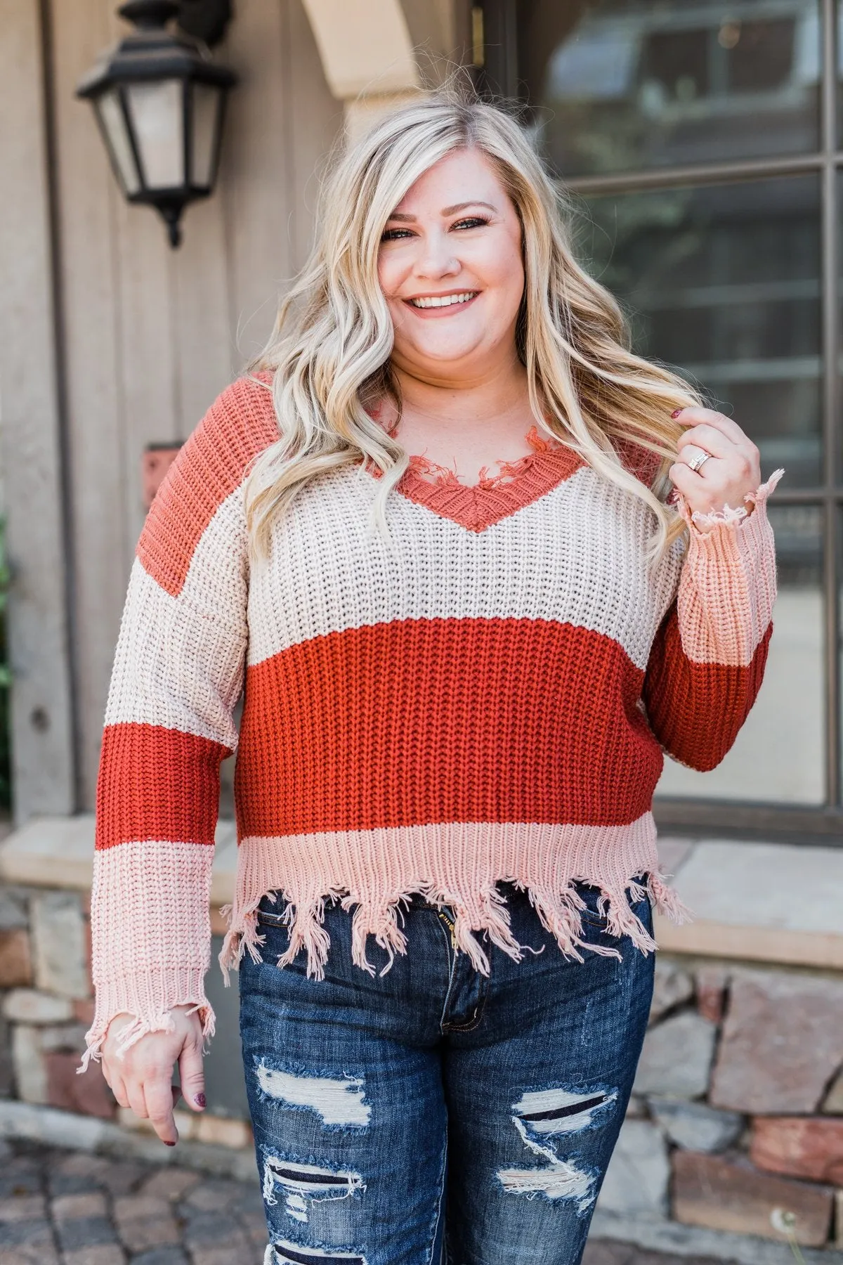 Warm & Cozy Distressed Color Block Sweater- Rust Tones