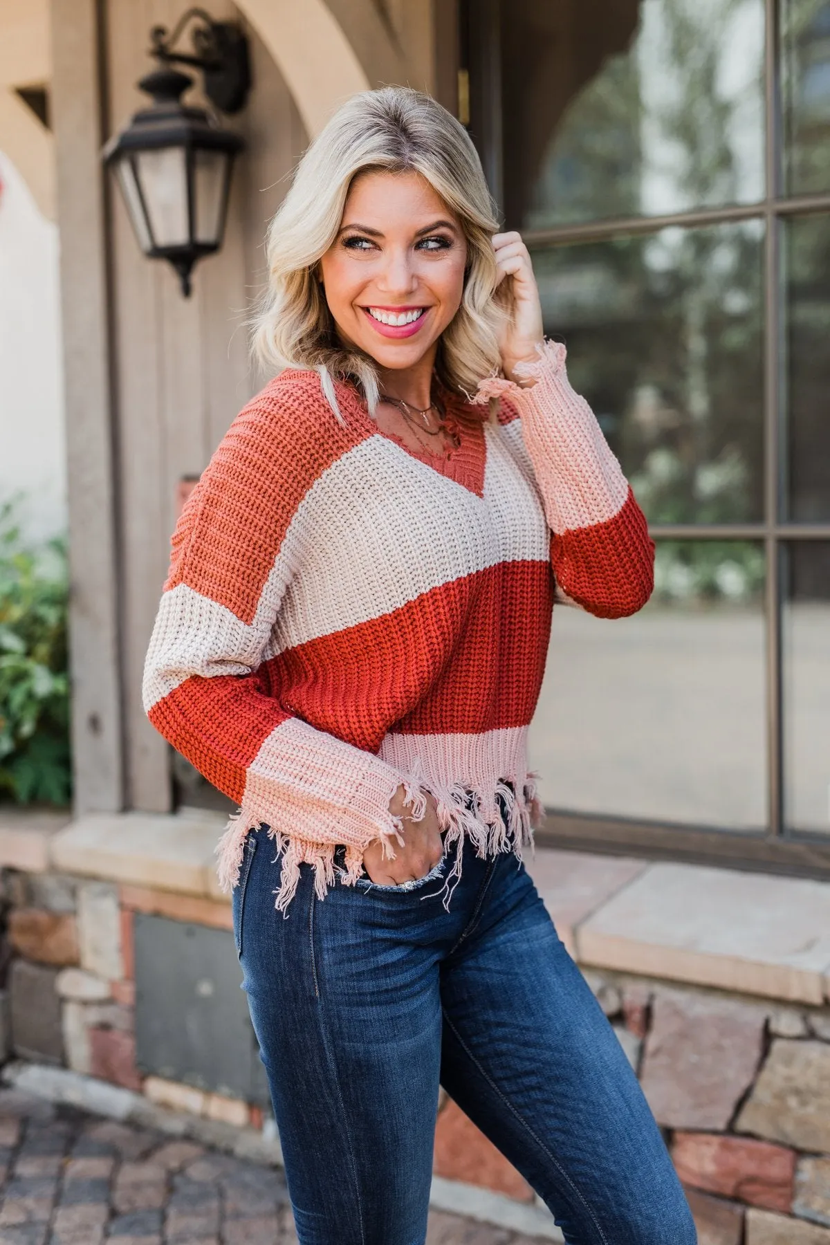Warm & Cozy Distressed Color Block Sweater- Rust Tones