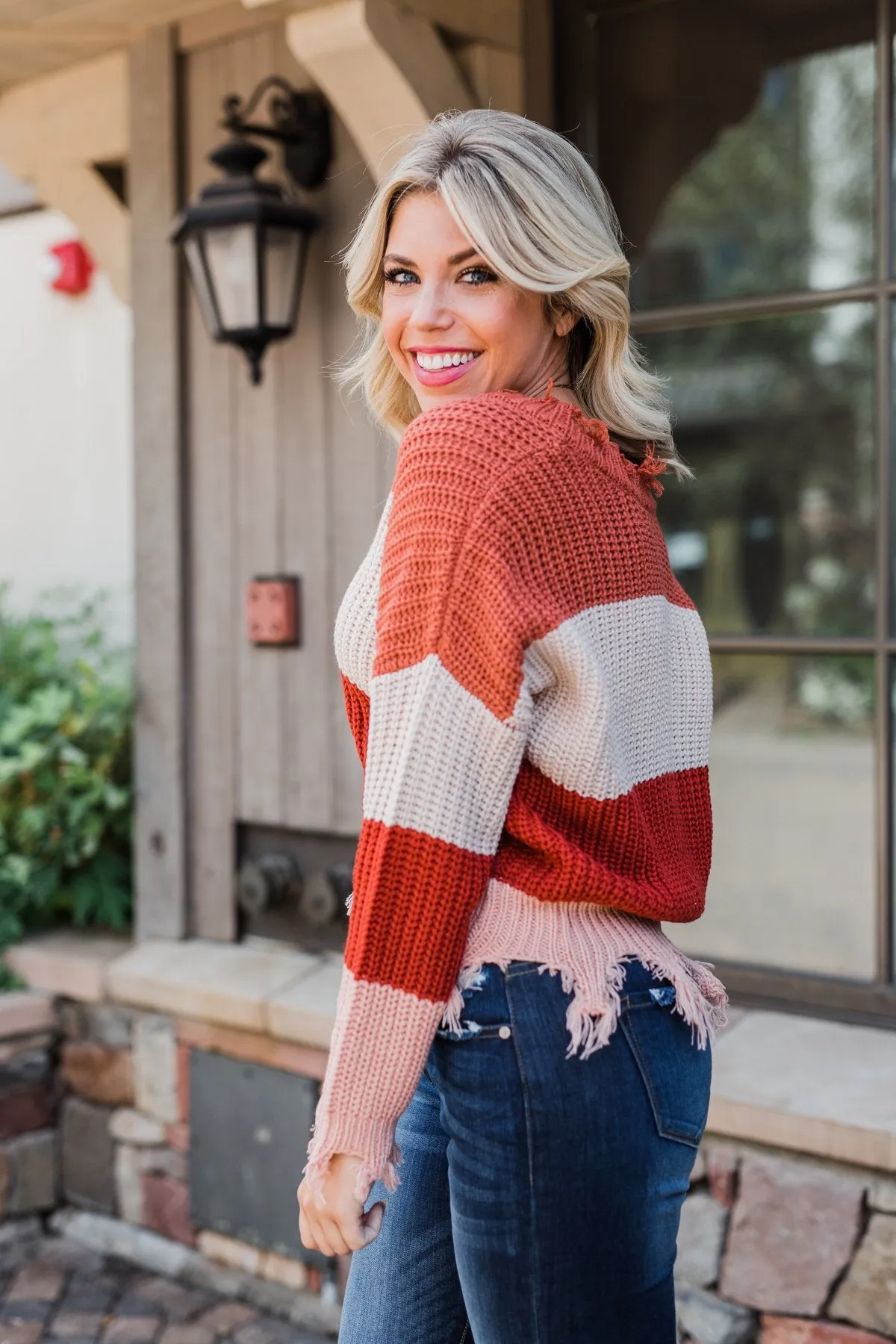 Warm & Cozy Distressed Color Block Sweater- Rust Tones