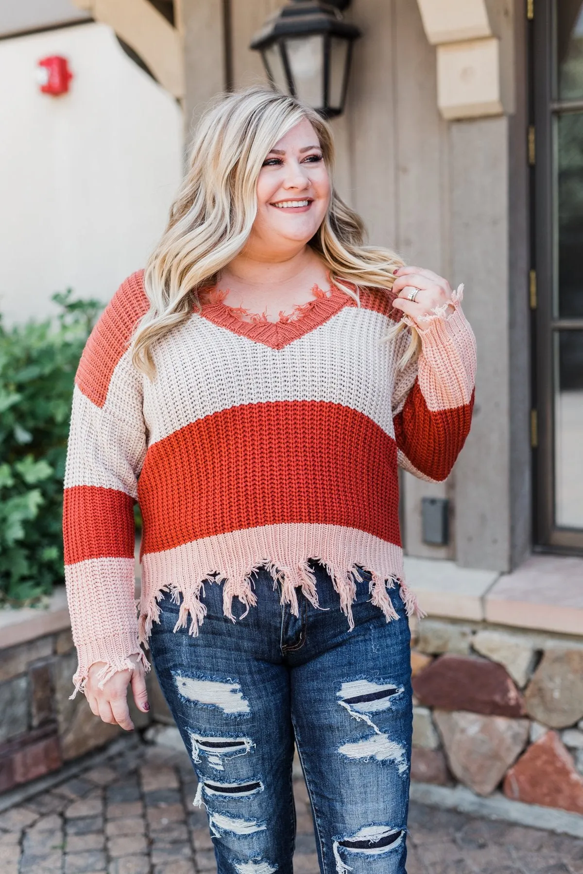Warm & Cozy Distressed Color Block Sweater- Rust Tones