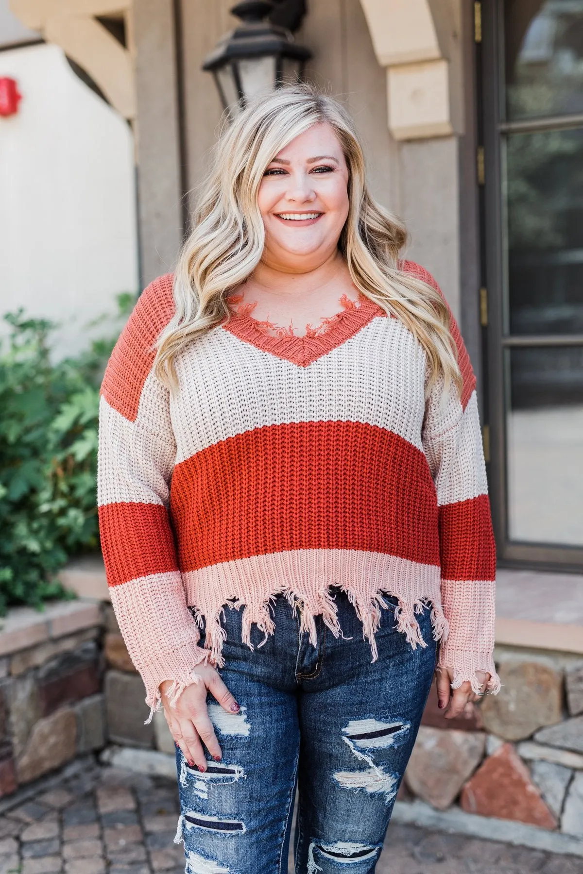 Warm & Cozy Distressed Color Block Sweater- Rust Tones