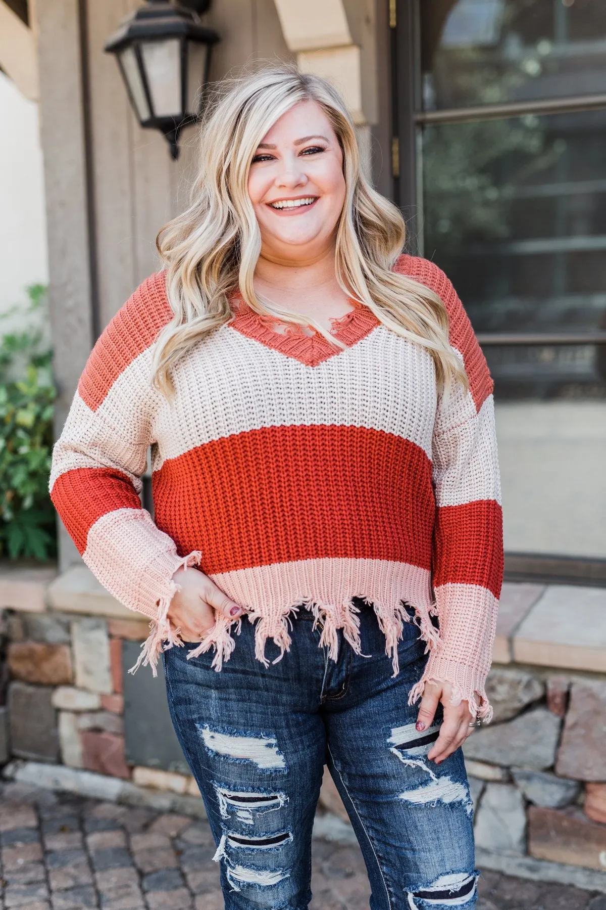 Warm & Cozy Distressed Color Block Sweater- Rust Tones