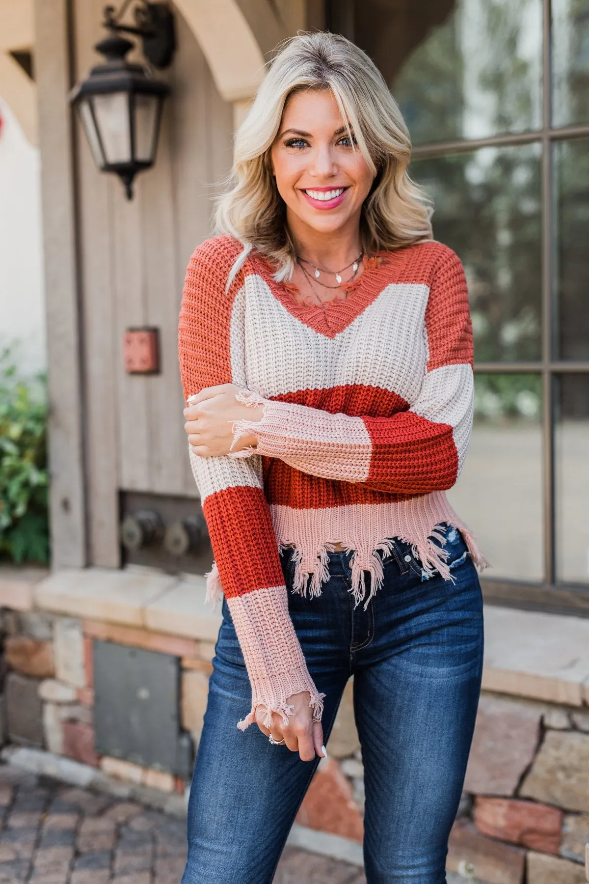 Warm & Cozy Distressed Color Block Sweater- Rust Tones