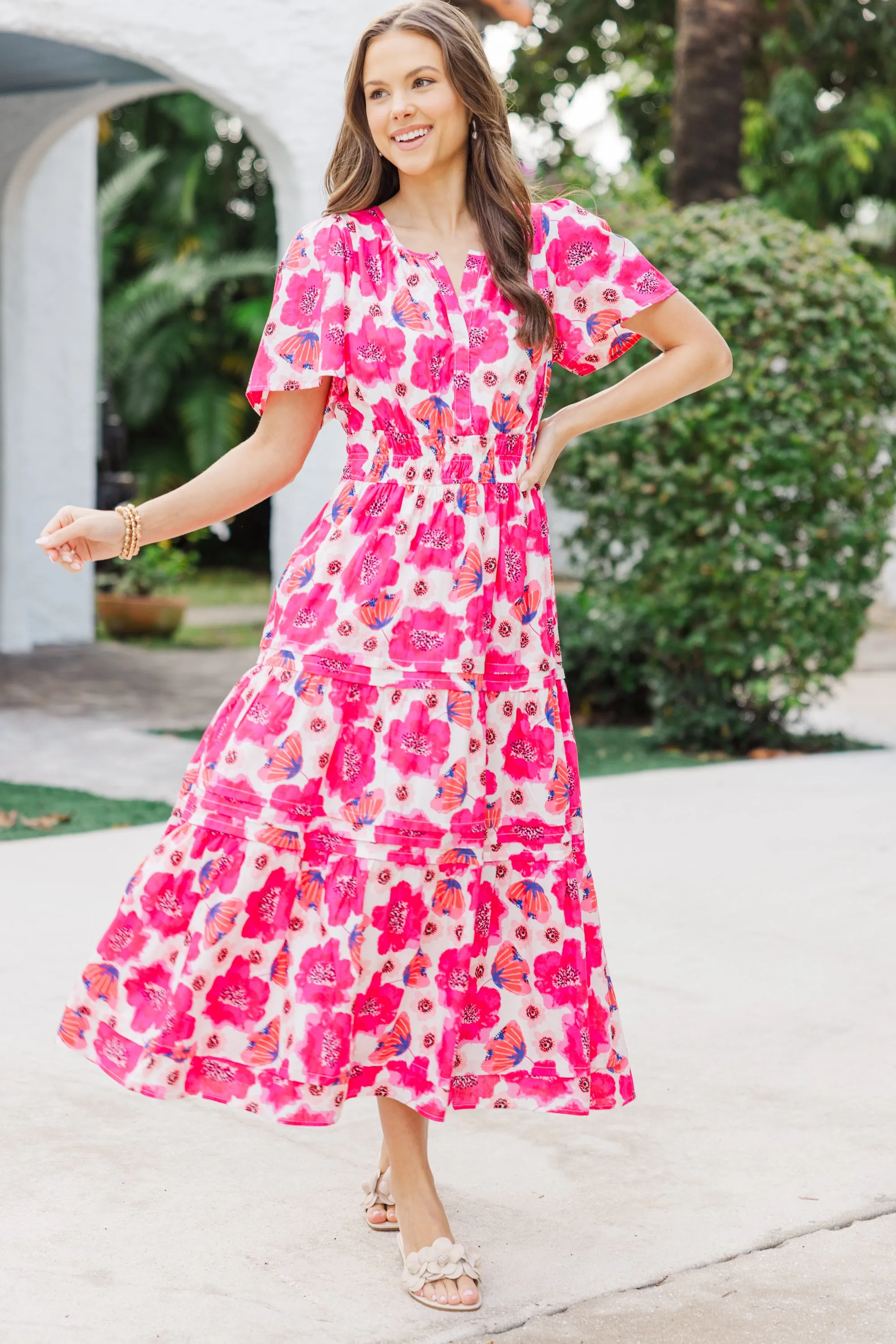 What You Do Fuchsia Floral Midi Dress