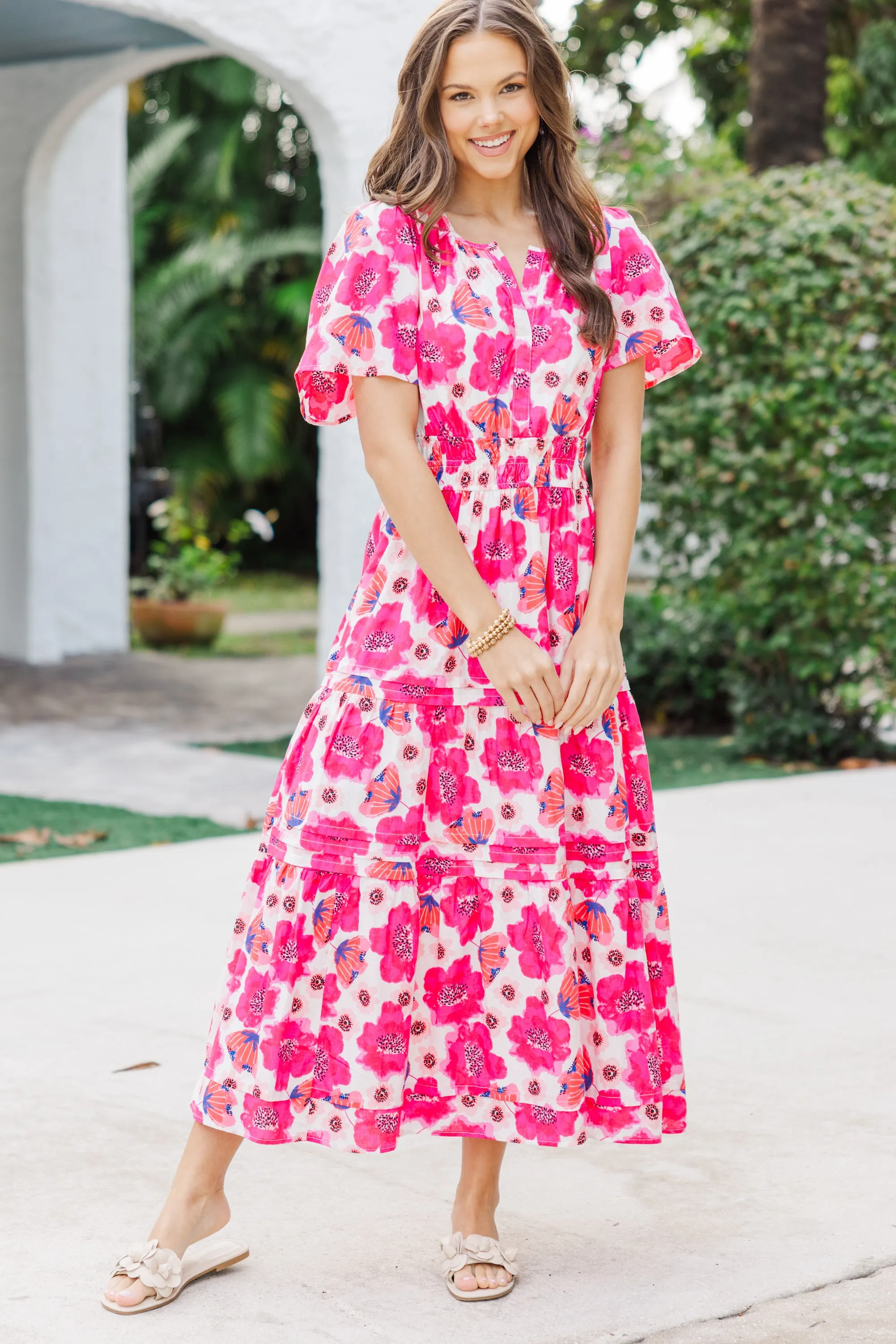 What You Do Fuchsia Floral Midi Dress