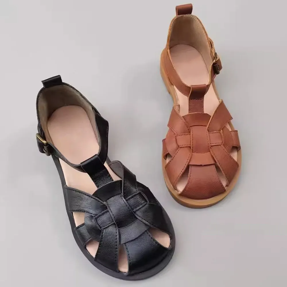 Wide Toe Leather Woven Sandals