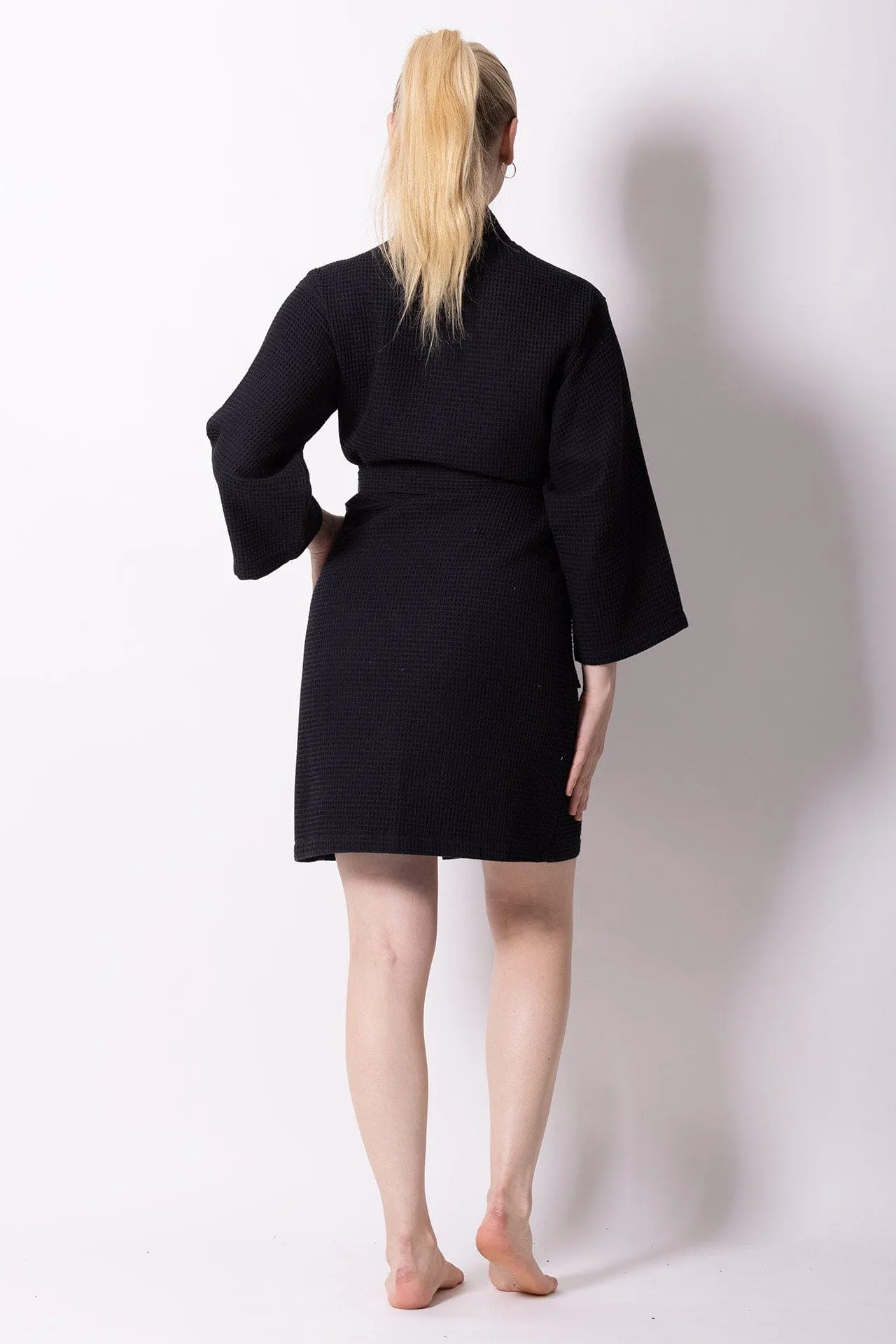 Women's Waffle Cotton Turkish Kimono Bathrobe, Stylish Knee Length Robe & Comfort, (Black)