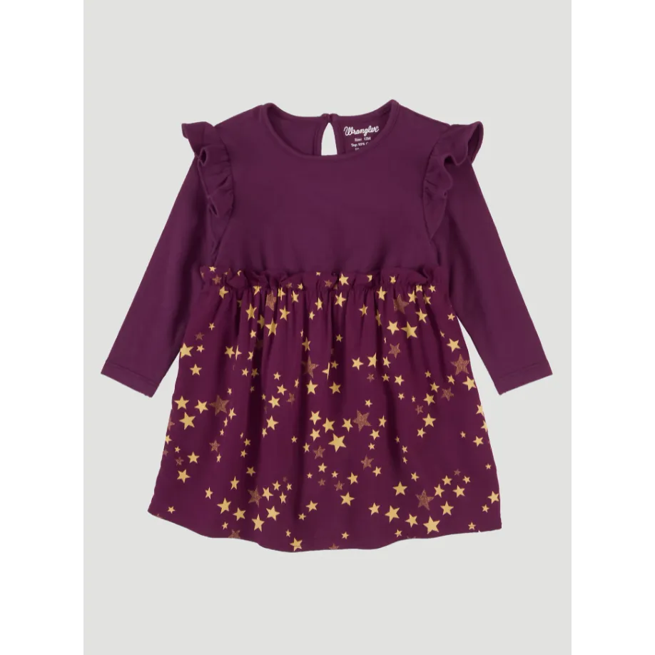 Wrangler Baby Girl Long Sleeve Ruffle Trim Star Print Dress - Maroon Purple